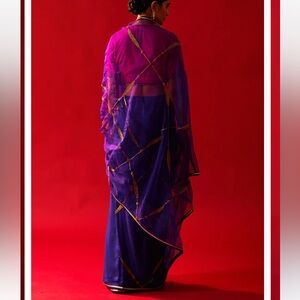 New designer Indian Purple silk with organza with golden hand embroidered Saree